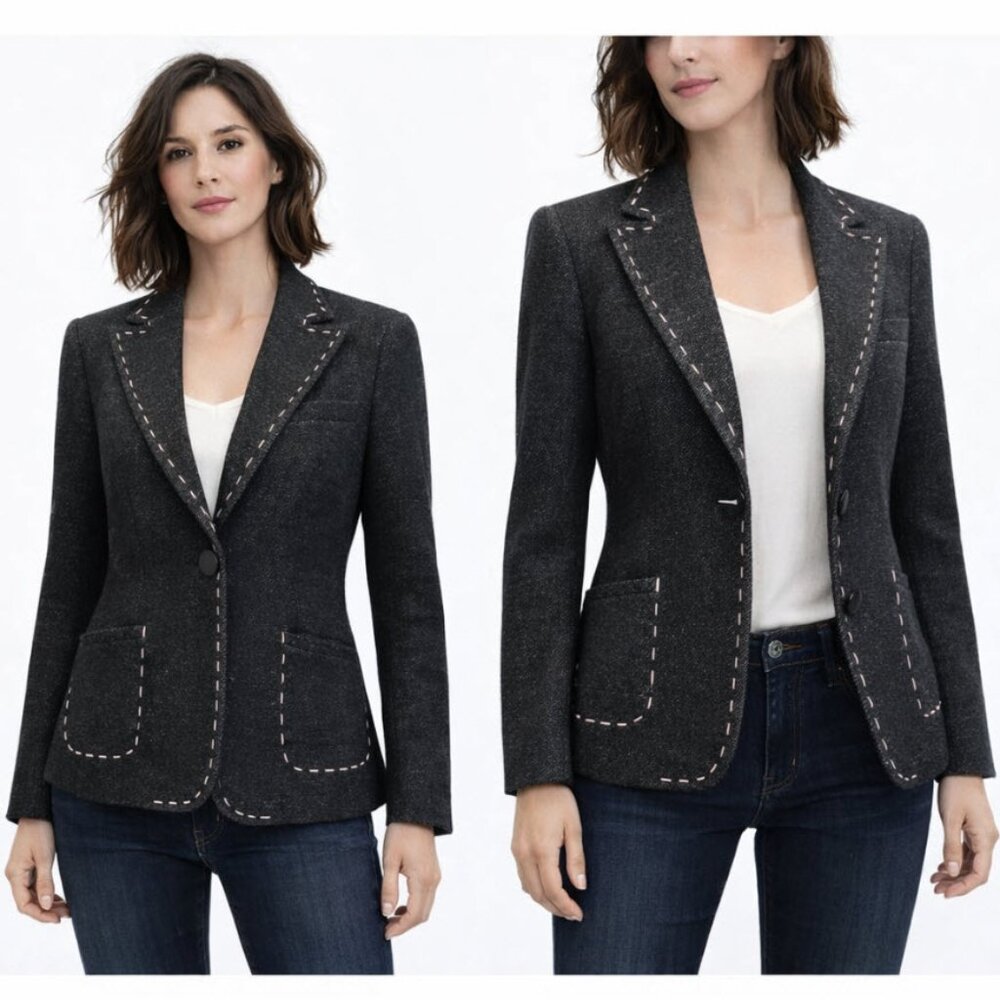 Sandra Angelozzi Tailored Charcoal Black Wool-Blend Blazer Size 40